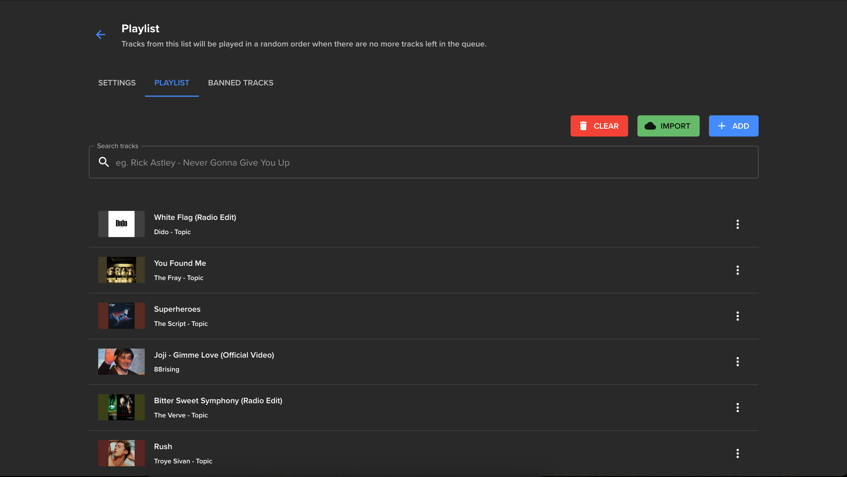 Example of the backup playlist manager UI