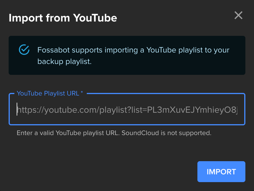 Example of the backup playlist import modal